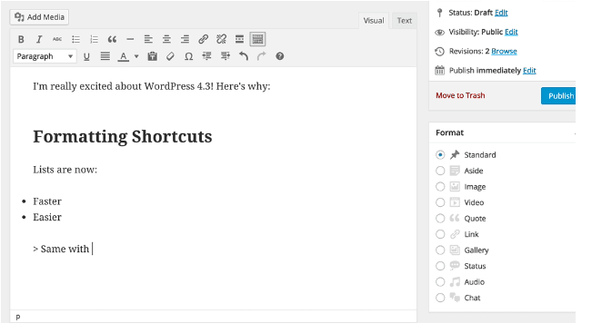 Shortcuts WordPress 4.3