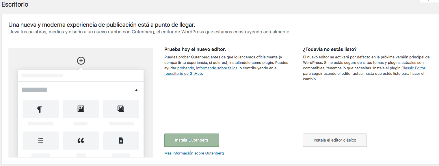 Pantalla Gutenberg WordPress