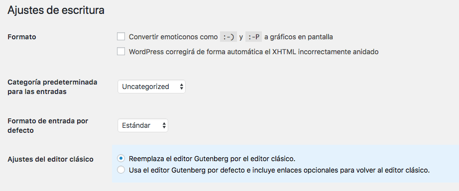 Opciones del editor clásico en WordPress