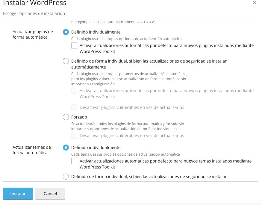 instalación de actualizaciones WordPress toolkit