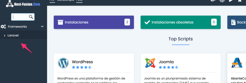 Busca y selecciona Laravel: Utiliza el buscador de Softaculous para encontrar Laravel rápidamente. Una vez que lo encuentres, haz clic en él.