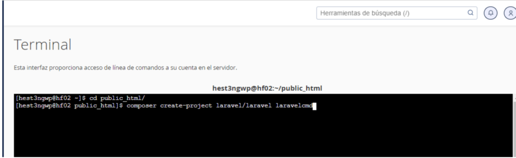 Creación del proyecto con Composer: Ejecuta composer create-project laravel/laravel laravelcmd para iniciar la creación de tu proyecto Laravel. Aquí, laravelcmd es el nombre del directorio de tu proyecto.